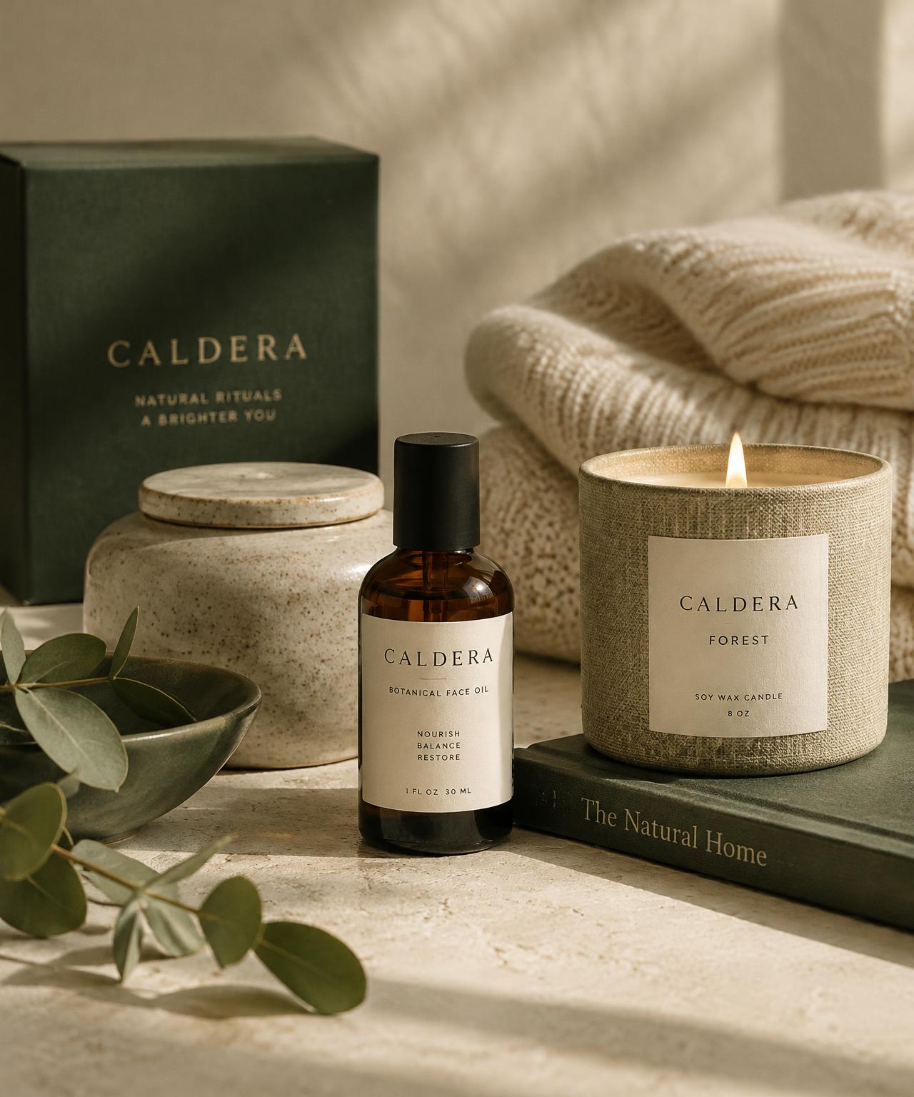 Premium skincare, candle and knitwear arranged in soft natural light